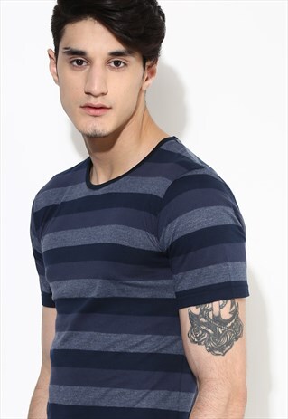 STRIPE T SHIRT GREY AND NAVY STRIPE SHIRT ORGANIC COTTON TOP