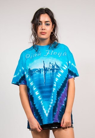 VINTAGE 90'S BLUE TIE DYE PINK FLOYD T-SHIRT