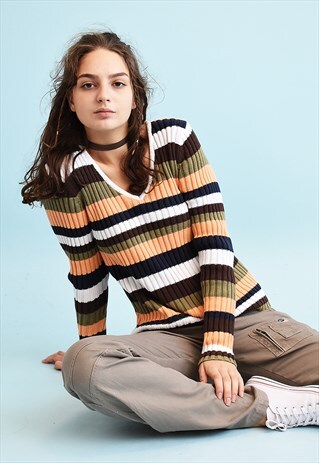 90'S RETRO STRIPED PATTERN RIBBED TEEN KNIT JUMPER