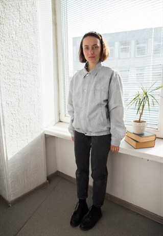 VINTAGE 80'S GREY ABSTRACT PRINT BOMBER JACKET