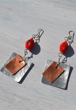 HANDMADE HAMMERED ALUMINUM/COPPER GLASS BEADED EARRINGS