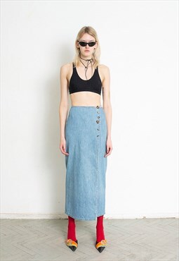 Vintage 90s Denim Wrap Maxi Skirt Blue