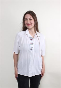 90s embroidered white blouse, vintage short sleeve folk top