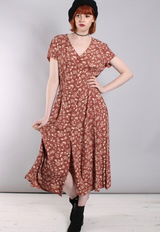 VINTAGE 90S FLORAL PATTERNED BUTTON MIDI DRESS