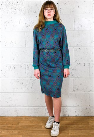 TURQOUISE PAISLEY PATTERN KNITTED JUMPER DRESS