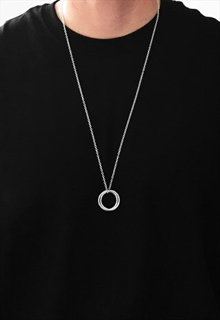 54 FLORAL DOUBLE RING PENDANT 30" NECKLACE CHAIN - SILVER