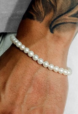 Women's 5mm Faux Pearl Bead Ball Bracelet - White/Silver