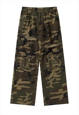 Military jeans camo print denim pants in green camouflage 