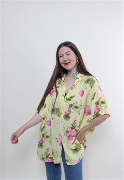 Vintage 80s flowers blouse, oversized button up blouse