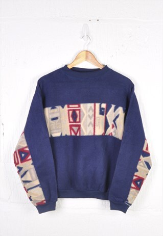 Vintage Fleece Sweater Retro Aztec Pattern Navy Ladies M