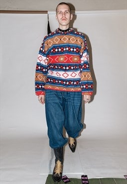 90's Vintage geometric Nordic print warm fleece jumper