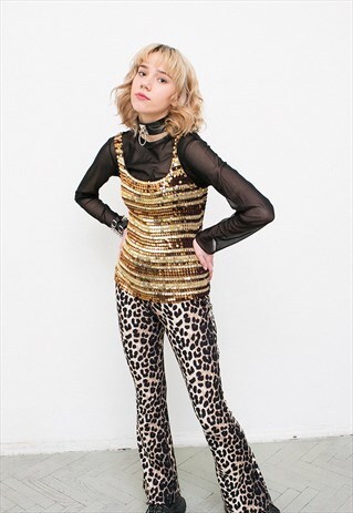 VINTAGE TOP BROWN GOLD SEQUIN IRIDESCENT GLITTER SHINY