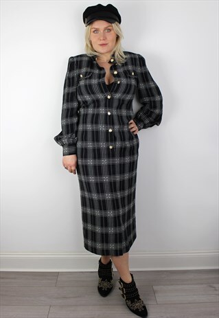 VINTAGE 1980'S BLACK AND WHITE CHECK MIDI DRESS 12
