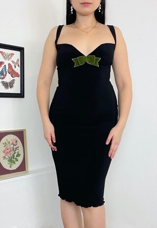 VINTAGE 90S BLACK FITTED DRESS WITH A GREEN VELVET BOW