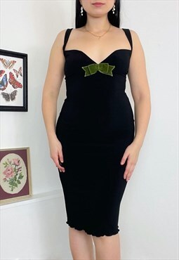 Vintage 90s black fitted dress with a green velvet bow