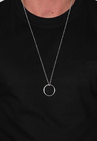 54 FLORAL LARGE RING PENDANT 30" NECKLACE CHAIN - SILVER