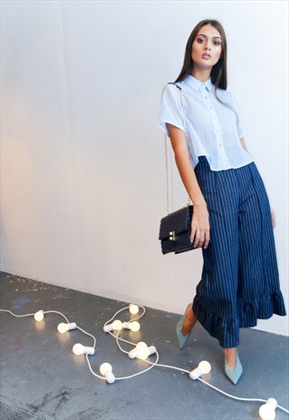 RUFFLE AND STRIPES DENIM TROUSERS