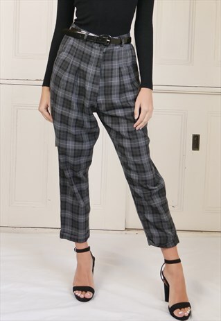 HIGH WAISTED GREY TARTAN TROUSERS