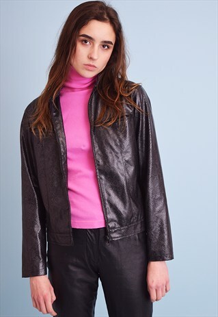 VINTAGE 90'S RETRO FAUX LEATHER SCANDI CROPPED JACKET