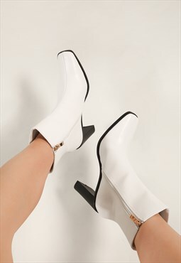 White Faux Leather Ankle Boots with Heels