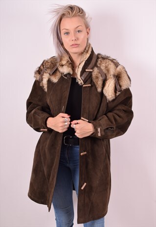 WOMENS VINTAGE SHEARLING COAT LARGE KHAKI 90S