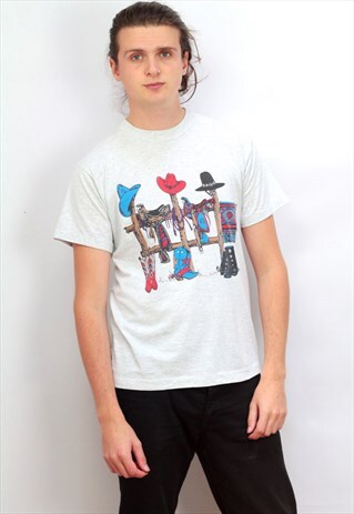 1990'S VINTAGE GREY GRAPHIC 'COWBOY' THEMED PRINT T-SHIRT