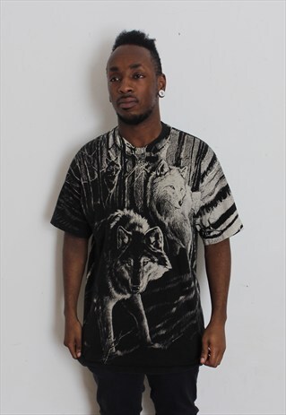 VINTAGE ALL OVER DESIGN WOLF T-SHIRT LARGE
