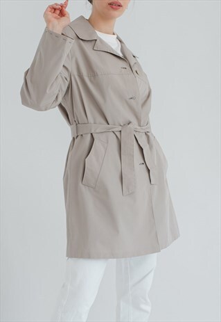 VINTAGE 80S BOXY FIT MINI BELTED TRENCH COAT IN GREY S