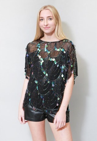 VINTAGE 1980'S BLACK SEQUIN IRIDESCENT TOP