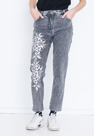 VINTAGE GREY FLORAL RETRO DENIM JEANS