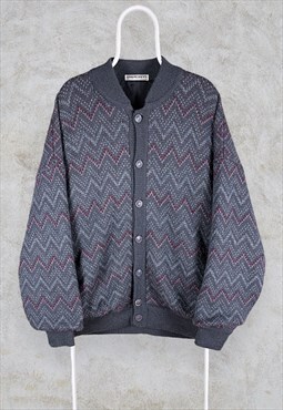 Vintage Burberry Patterned Cardigan Bomber Jacket Grey Wool 