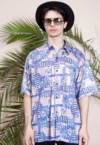 MENS VINTAGE SHORT SLEEVE, ABSTRACT PRINT, BUTTON UP SHIRT