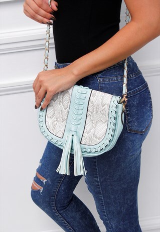 WOMENS LADIES NEW BLUE& SNAKE PRINT TASSEL BAG OVER SHOULDER
