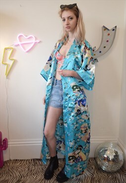 Vintage 90's Chinese Print Long Satin Festival Kimono