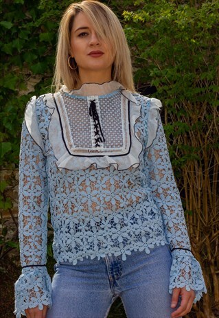 VICTORIAN STYLE BLUE LACE RIBBON BELL SLEEVE BLOUSE