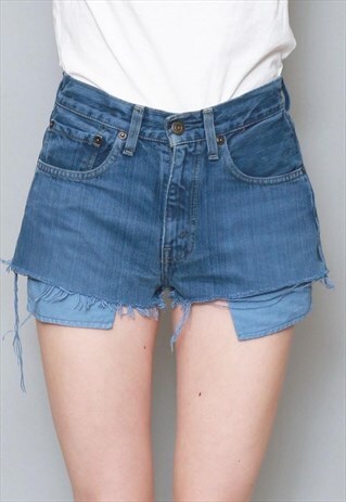 VINTAGE 1990'S LEVIS BLUE DYED RAW HEM DENIM SHORTS
