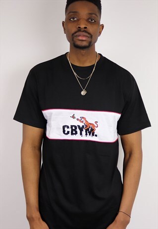 BLACK T-SHIRT WITH LEOPARD EMBROIDERY TO THE FRONT PANEL