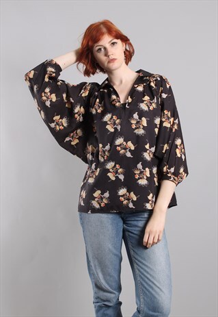 VINTAGE 70S FLORAL BATWING BOHO BLOUSE TOP