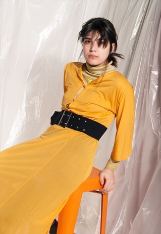 VINTAGE DRESS 60S MOD NIGHTGOWN YELLOW SHEER MIDI DRESS