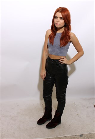VINTAGE 1980'S 80'S BLACK HIGH WAISTED LEATHER PANTS XS-S