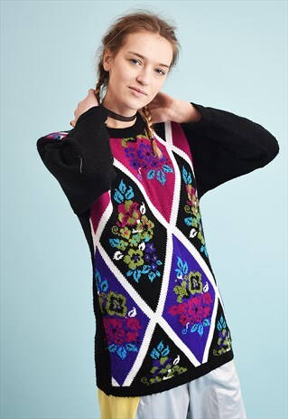 80'S RETRO FLORAL PATTERN MOMS KNIT JUMPER