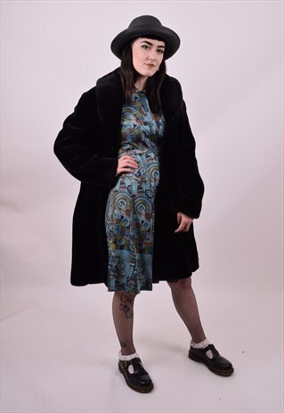 VINTAGE 70'S BLUE CRAZY PRINT DRESS SIZE 8 10 12