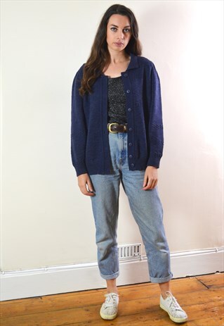 90S VINTAGE NAVY BLUE BUTTON UP KNIT CARDIGAN
