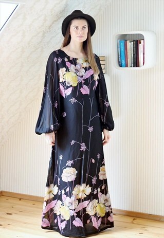 BLACK MAXI FLORAL WIDE SLEEVE DRESS