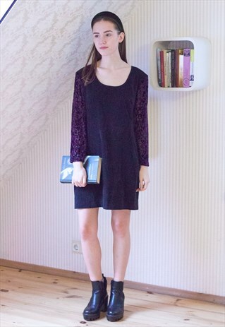 BLACK SUEDE LIKE DRESS WITH PURPLE VELOUR SLEEVES