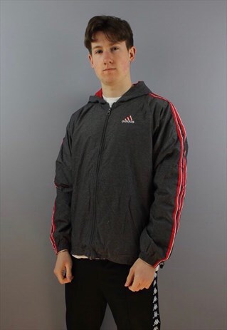 VINTAGE ADIDAS NYLON WINDBREAKER IN GREY WITH EMBROIDERED LO