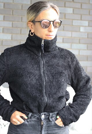 VINTAGE Y2K BLACK FLUFFY TEDDY ZIP UP FLEECE