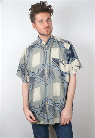 VINTAGE BLUE GREEN CRAZY PATTERNED SUMMER SHIRT
