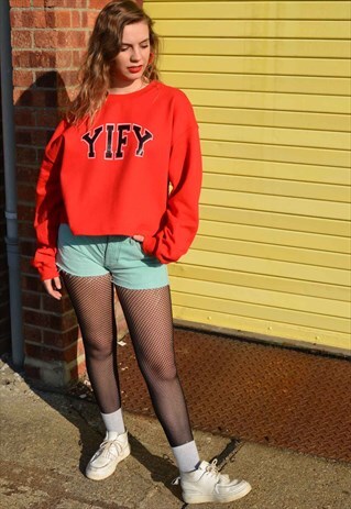 CROPPED SWEATSHIRT WITH SPELL OUT LOGO IN RED