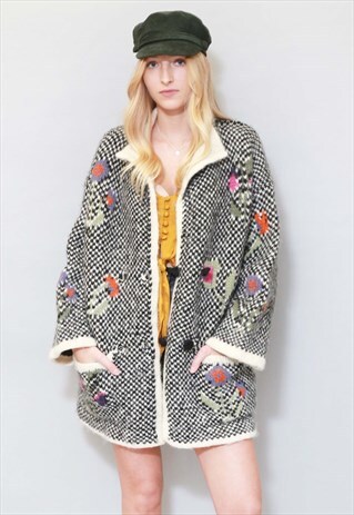 VINTAGE 1980'S BLACK & WHITE WOOL FLORAL PRINT CARDIGAN